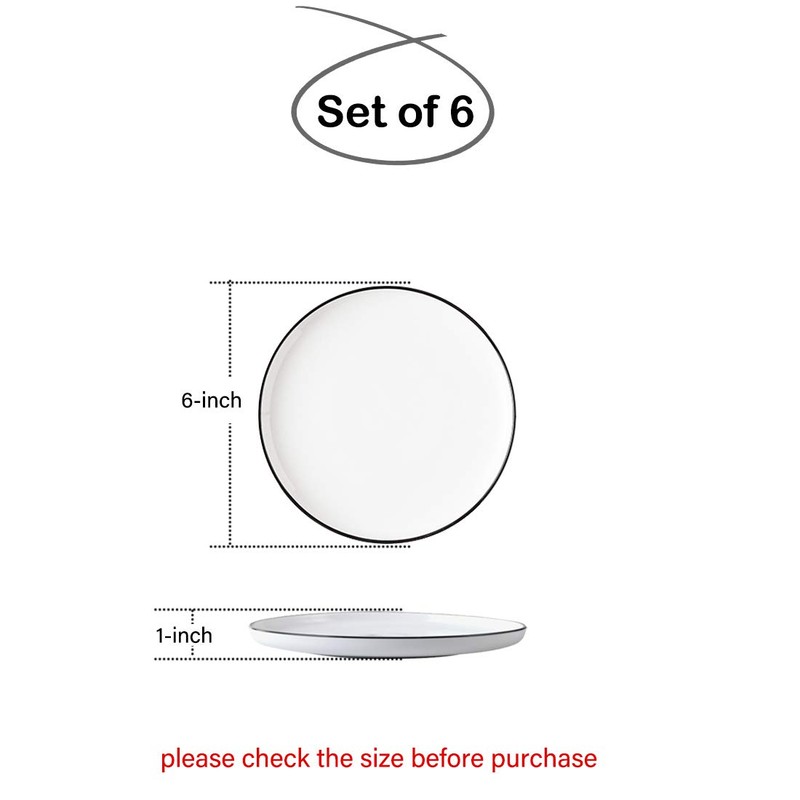 BonNoces 6-inch Small Porcelain Appetizer Plates, White with Black Edges