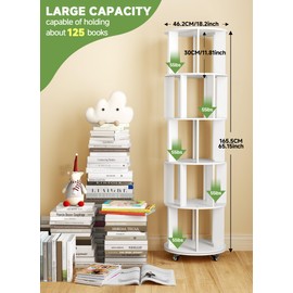 Baoz 5-Tier Rotating Bookshelf Tower, 360° Display Stackable Spinning Bookshelf with Wheels, Floor Standing Corner Revolving Bookcase, Rotating Book Shelf for Kids Rooms, Living Room, Bedroom - White