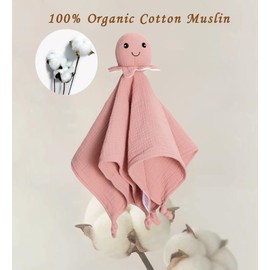 okdiy Organic Cotton Muslin Loveys for Babies,Security Blankets for Baby Lovey,Unisex Baby Essentials Neutral,Baby Registry Search,Newborn Baby Gifts for Boys and Girls (Octopus Pink)