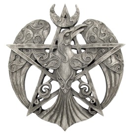 Large Crescent Raven Pentacle Plaque - Wiccan Pagan Stone Finish Dryad Design