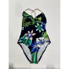 Target Women's Shirred Ruffle One Piece Swimsuit - Navy Blue Tropical Print L