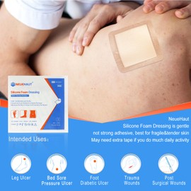 Silicone Adhesive Foam Dressing with Gentle Border 4''x4'', Bed Sore Pressure Ulcer Leg Ulcer Silicone Wound Bandage, High Absorbency Waterproof, 10 Pack by NeueHaut