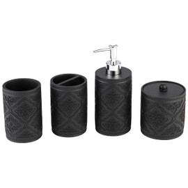 KRALIX Arabesque 4-Piece Bathroom Accessory Set, includes Lotion Soap Dispenser, Cotton Ball Jar, Tumbler and Toothbrush Holder, Embossed Black