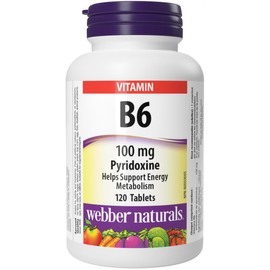 Webber Naturals Vitamin B6 Pyridoxine 100 mg, 120 Tablets, Supports Energy Metabolism, Vegan