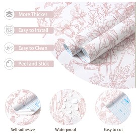 Toduso Peel and Stick Wallpaper Pink Floral Wall Paper Pink and White Contact Paper Removable Waterproof Flowers Wallpaper for Bedroom Bathroom Cabinets Vinyl 17.3" x 78.7"