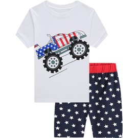 Little Hand Baby Boys Pajamas July 4th Monster Truck Short Sleeves Jammies Toddler Clothes Set Cotton Stars Sleepwear