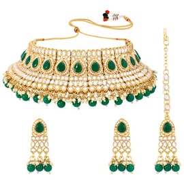 Aheli Traditional Gold Plated Green Kundan Choker Necklace Dangle Earring & Maang Tikka Ethnic Jewelry Set Gift for Women