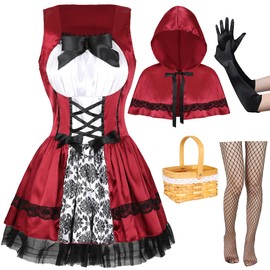 GERVAISE Womens Red Costume Dress with Cape Basket Gloves Stocking 5pcs (Large)