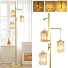Boho Gold Crystal Floor Lamp, 3 Lights Vintage Dimmable Standing Lamp with Amber Crystal Shade, Dimmer Switch, Mid Century Modern Tree Lamp, 65IN Brass Tall Corner Lamps for Living Room Bedroom