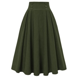 Belle Poque Corduroy Skirt for Women UK High Waist Midi Skirt Vintage A-Line Pleated Skirts with Pockets Green XL