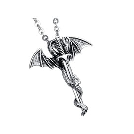 MayiaHey Wing Dragon Sword Necklace for Men, Stainless Steel Dragon Necklace Cross Sword Necklace for Boys Flying Dragon Sword Pendant Necklace Gothic Dragon Necklace Punk Sword Jewelry (Silver)