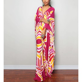 beach kaftan coverups for women plus size turkish caftan batwing sleeve kaftan style maxi dress V neck polyester caftans for women plus size womens kaftans for lounging(ON-8693-25-rose Red Yellow)