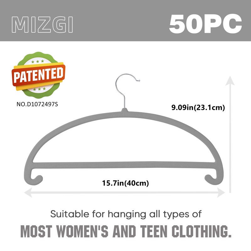 MIZGI 50 Pack Gray Velvet Hangers - No Shoulder Bumps,