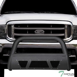 Matte Black Studded Mesh Bull Bar Brush Push Front Bumper Grill Grille Guard With Skid Plate Compatible With 99-04 Ford F250 F350 F450 F550 Superduty / 00-04 Excursion