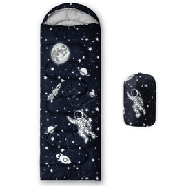 Datura home Kids Sleeping Bag for Boys Girls,Rocket Astronaut Moon Print-Lightweight Warm Portable Outdoor Indoor-Waterproof Cold Weather Resistant Sleeping Bag for Camping Hiking(Rocket)