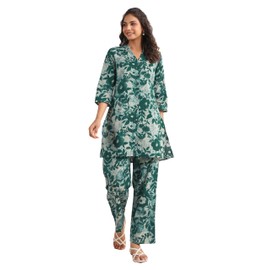 Janasya Indian Women's Co-ord for Women Pure Cotton Straight Green Floral Regular Sleeve Casual Above Knee Co-ord Set