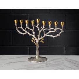 Classic Touch Decorium Two-Tone Menorah, Silver and Gold, with Leaf Design on Oil Cups- for Hanukkah Use