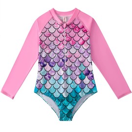 PythJooh Little Girls One-Piece Swimming Costumes Kids Long Sleeve Zipper Swimwear Bathing Suit Rash Guard Set for 4-12Years Teen Girls Pink