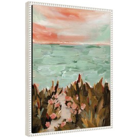 Kate and Laurel Landscape 02 Beach Framed Canvas Wall Art by Annie Quigley 18 x 24 Sylvie Beaded White, Coastal, Beach, Landscapes Art for Wall Decor, Living Room, Bedroom