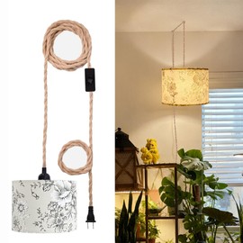 Boho Plug in Pendant Light Hanging Lamp with 15Ft Hemp Rope Plug-in Cord On-Off Switch, Ceiling Lamp Fabric Cylinder Lampshade for Hanging Plant Shelf Decor Bedroom Living Room Corner Kitchen Island