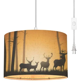 BAISTSAELER Plug in Pendant Light Horizontal Wild Deer Forest Sunset Hanging Lamp with 16.4FT Plug in Clear Cord Fabric Shade Dimmable Switch for Bedroom Living Room Kitchen