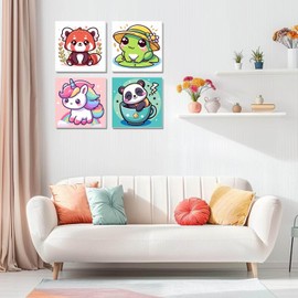 HOIYLDS Framed 4 Pack Paint by Number for Kids, Cute Animals Paint by Numbers for Kids Ages 8-12, Paint by Numbers Kits Children Beginner, DIY Acrylic Oil Painting for Home Wall Decor (8x8inch)