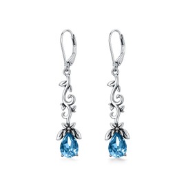 Aquamarine Blue Earrings 925 Sterling Silver Vintage Oxidized Branches Dangle Drop Leverback Earrings with Simulated March Birthstone, Christmas Earrings Gifts for Women