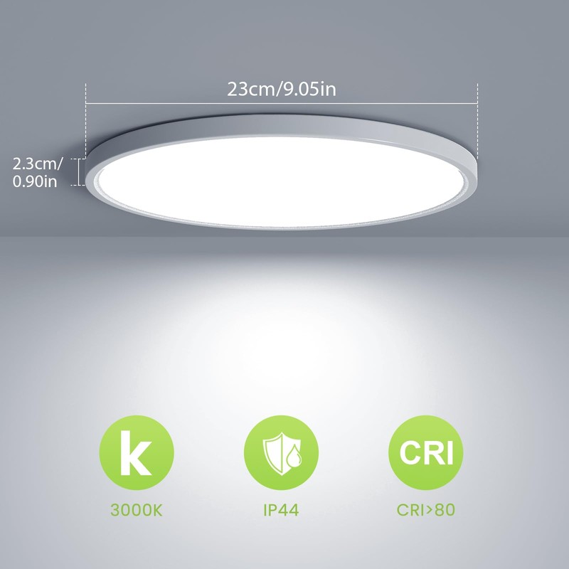 OTREN LED Flat Ceiling Light, 6500 K Round Bathroom Lamp,