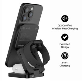 Momax 3-in-1 Qi2 15W Magnetic Wireless Foldable Charging Stand - Black - Qi2 [UD31D]