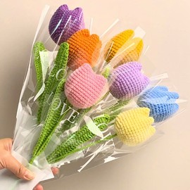 JOONOR 7 Pieces Completed Crochet Flowers Bouquet Hand-Knitted Tulip Flower with Bouquet Package Bag Artificial Wool Flower for Valentines Day Mother's Day Birthday Wedding Home Decor