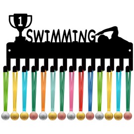 CREATCABIN Swimming Medal Ribbon Holder Award Metal Hooks Small Black Iron Sports Medal Hanger Display Rack Wall Mounted Decor for Swimmers Medalists Athletes Lanyard Ribbons Organizer 11.4x5.1Inch