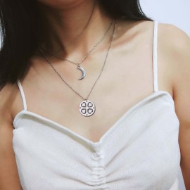 Erimberate Bohemian Layered Moon Pendant Necklace Hollow Clover Necklace Silver Four Leaf Clover Necklace Lucky Clover Choker Necklace Jewelry for Women and Girls Mom Daughter Birthday Gifts