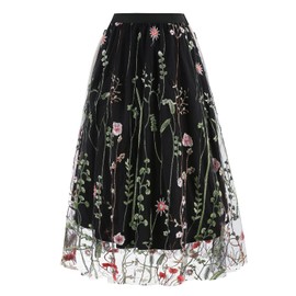 Floral Embroidered Skirts for Women: Knee Length Embroidered Flower Skirts - Summer Floral Embroidery Tulle Mesh 50s Vintage A-Line Black M