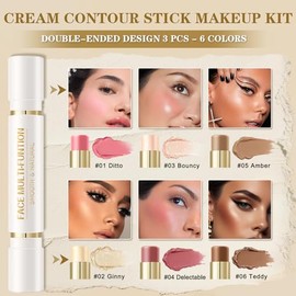 Kit de maquillaje en barra de contorno de crema de 6 colores, resaltador de barra bronceadora en crema de doble punta y barra de rubor para esculpir l