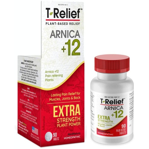 MediNatura T-Relief Extra Strength Pain Relief Arnica +12 Plant-Based Pain Relievers Reduce Back Pain, Joint Soreness, Muscle Aches, Stiffness - Non-Drowsy, Fast-Acting, Gluten-Free - 100 Tablets