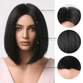 Peluca Bob Negro Corto Recto - Estilo Clásico Elegante - Cabello Liso Natural - ¡Lista para Usar en Segundos!