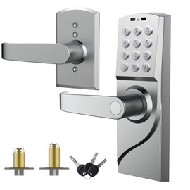 Door Lock with Keypad, Digital Smartcode Door Lock for Front Door, Commercial Keyless Door Lock, keyless Entry Door Lock with Handle for Bedroom, Office, and House Rental, Silvery (Left Hand)