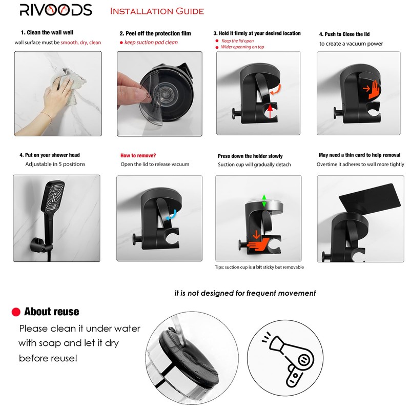 Handheld Shower Head Holder - Enhanced Suction Cup - Large