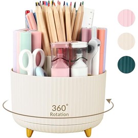 SKYDUE 360 Degree Rotating Desk Organizer, Dual-Purpose Pencil Pen Holder for Desk, Rotating Desk Pen Organizer with 5 Slots, Pencil Cup for Office, School, Home Beige