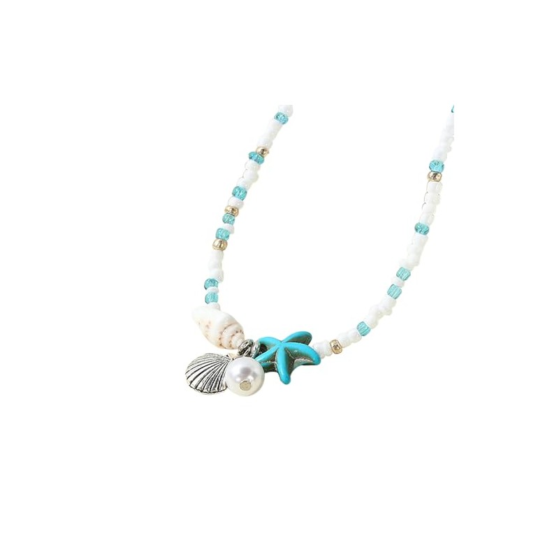 Sea shell necklace, rice beads adjustable braided collarbone chain blue