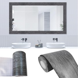 32.8 Feet Peel and Stick Dark Gray Wood Grain 10M Wallpaper Border Removable PVC Waterproof Wallpaper,Bathroom Mirror Frame Border Sticker Wall Decer (1.97inch)