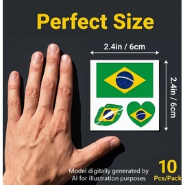 10 Pack Brazil Flag Temporary Tattoos, Brazilian National Flag Face Stickers, Waterproof Sweat Resistant Removable Temporary Stickers,Soccer Sports Party Decorations Supplies for Adults