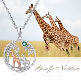 KINGWHYTE Giraffe Gifts Giraffe Necklace 925 Sterling Silver Cute Animal Three Giraffe Rose Gold Family Tree Giraffe Gifts for Women (May), Sterling Silver, Cubic Zirconia