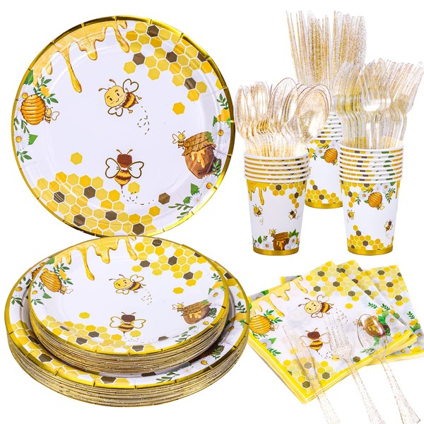 Decodinli Bee Baby Shower Party Supplies, Happy Bee Day Decorations, Bumble Bee Plates and Napkins, Bee Birthday Party Decorations, Bee Gender Reveal and Baby Shower, Cups and Tableware Set Serves 20