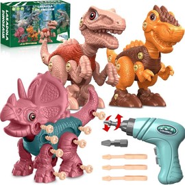 Laradola 3P Dinosaurs Toy Kit with Box & Electric Drill Gift for Kids, Take Apart Assemble STEM Dinos Toy - Construction Educational Animal Toys Christmas Birthday Party Gift for Boys Girls:_Blush Pink