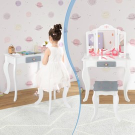 INFANS Kids Vanity, 2 in 1 Princess Makeup Table and Chair Set with Tri-Folding Detachable Mirror 10 Accessories Wooden Dressing Table, Beauty Pretend Play Vanity Set for Toddler Girls Gift (White)