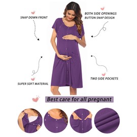 Ekouaer 3 en 1 Labor/Entrega/Hospital Vestido de Lactancia de Maternidad Camisón de Ropa de Dormir para Lactancia con Botón S-XXL, Púrpura, M