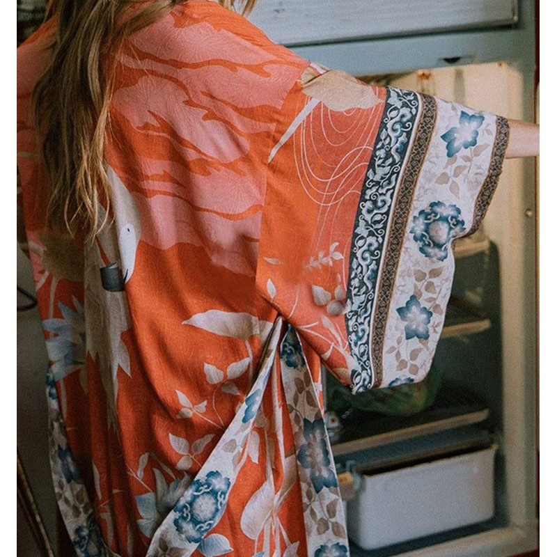 YouKD Damen Baumwoll Cardigan Bohemian Lang Kimono Beach Badeanzug Cover
