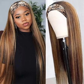 Celiarita Highlights Headband Wig Human Hair Straight 28 Inch None Lace Front Wigs P2/30 Blonde Brown Straight Headband Wig Human Hair Ombre Headband Wigs for Black Women Human Hair