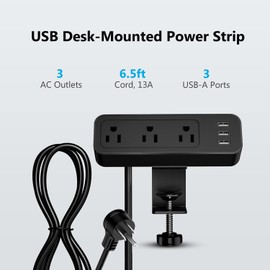 Desk Power Strip JSVER Desk Clamp Power Strip, Desk Mount USB Charging Power Station, Desk Multi-Outlets, 3 AC Outlets 6.5 ft Extension Cord Desktop Charging Clamp for Home Office Workshop